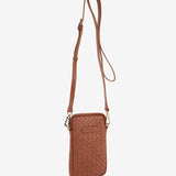 Braided leather mobile phone bag in cognac
