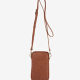 Braided leather mobile phone bag in cognac