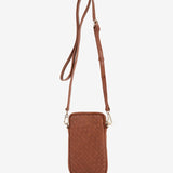 Braided leather mobile phone bag in cognac