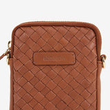 Braided leather mobile phone bag in cognac