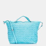 Damentasche aus geflochtenem Leder in Türkis.