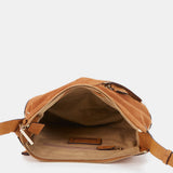 Bandolera en piel y serraje cognac