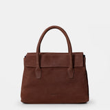 Brown leather handbag.