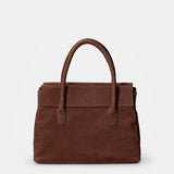 Brown leather handbag.