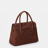Brown leather handbag.