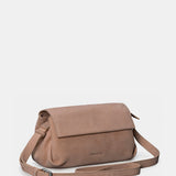 Beige leather crossbody bag.