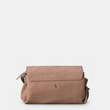 Beige leather crossbody bag.