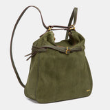 Multifunktionale Tasche aus grünem Veloursleder.