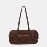 Schultertasche aus braunem Veloursleder.