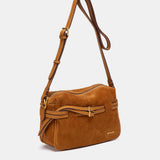 Cognac suede crossbody bag.
