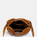 Cognac suede crossbody bag.