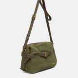 Green suede crossbody bag.