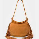 Cognac leather shoulder bag with fringe detailing.