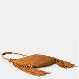 Cognac leather shoulder bag with fringe detailing.