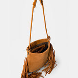 Cognac leather shoulder bag with fringe detailing.