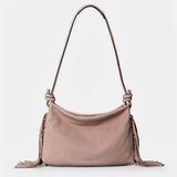 Beige leather shoulder bag with fringe detailing.