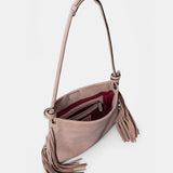 Beige leather shoulder bag with fringe detailing.