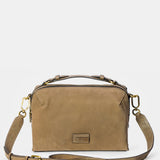 Taupe suede crossbody bag.