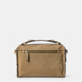 Taupe suede crossbody bag.
