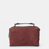Burgundy suede crossbody bag.