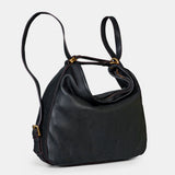 Multifunktionale schwarze Ledertasche.