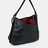Multifunktionale schwarze Ledertasche.