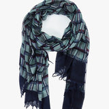 Women's wool scarf with small checkered print in green