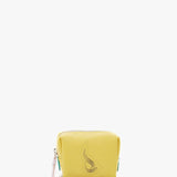 Small women's leather toiletry bag with yellow die-cut logo