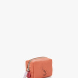 Small women's leather toiletry bag with orange die-cut logo