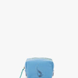 Small women's leather toiletry bag with blue die-cut logo