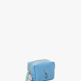 Small women's leather toiletry bag with blue die-cut logo