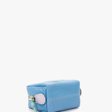 Small women's leather toiletry bag with blue die-cut logo