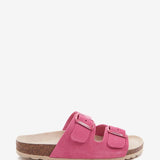 Flache Damen-Sandale aus Veloursleder in Fuchsia.