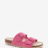 Flache Damen-Sandale aus Veloursleder in Fuchsia.