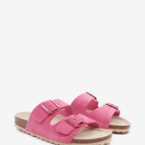 Flache Damen-Sandale aus Veloursleder in Fuchsia.