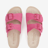 Flache Damen-Sandale aus Veloursleder in Fuchsia.