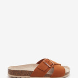 Women's flat buckle sandal in cognac