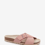 Flache Damen-Sandale mit Schnalle in Rosa.