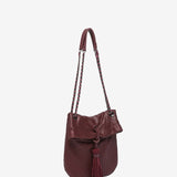 Half moon party bag in burgundy metallic mesh