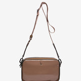 Patent leather shoulder bag in taupe