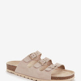 Women's flat leather sandal with triple buckle in beige