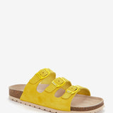 Women's flat leather sandal with triple buckle in yellow