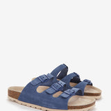 Flache Damenledersandale mit doppelter Schnalle in Blau.