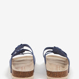 Flache Damenledersandale mit doppelter Schnalle in Blau.