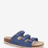 Flache Damenledersandale mit doppelter Schnalle in Blau.