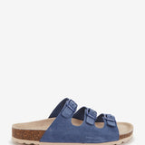 Flache Damenledersandale mit doppelter Schnalle in Blau.