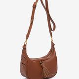 Crossbody bag with tassel in cognac recycled materials