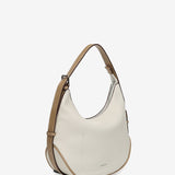 Beige Schultertasche aus recycelten Materialien.