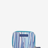 Kleine Geldbörse aus Leder mit blauem Muster.