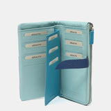 Large leather wallet in blue tones